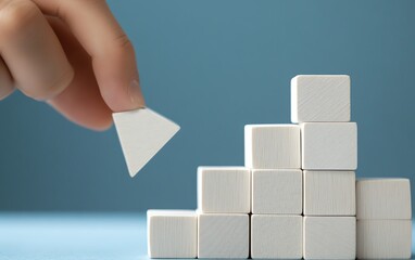 Business personal development arrows and businessperson icons stacking wooden blocks on table planning strategy