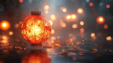 Obraz premium Chinese lantern glowing with warm light, DOF blur background, cinematic 16K shot. Perfect for Chinese New Year themes, ads, and festive projects.