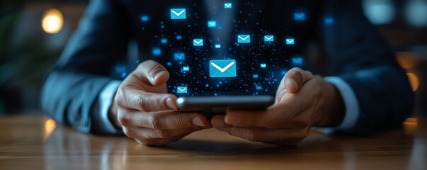 Businessman using smartphone email app at table closeup of male hands with email icon digital correspondence