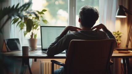 Chronic back pain from desk sitting. Featuring visible discomfort and strain