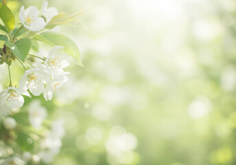 爽やかな日差しの中で咲き誇る白い桜の花