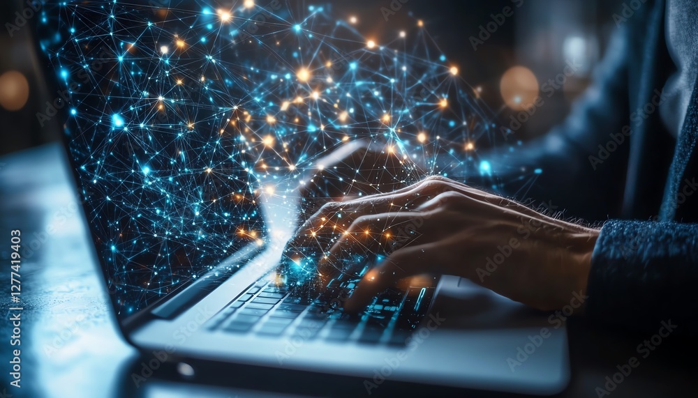 Poster Global data network concept businessman using laptop analyzing big data online network structure for business