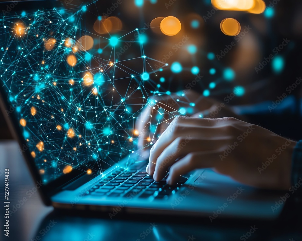 Poster Global network data concept businessman with laptop analyzing data online structure with digital connections