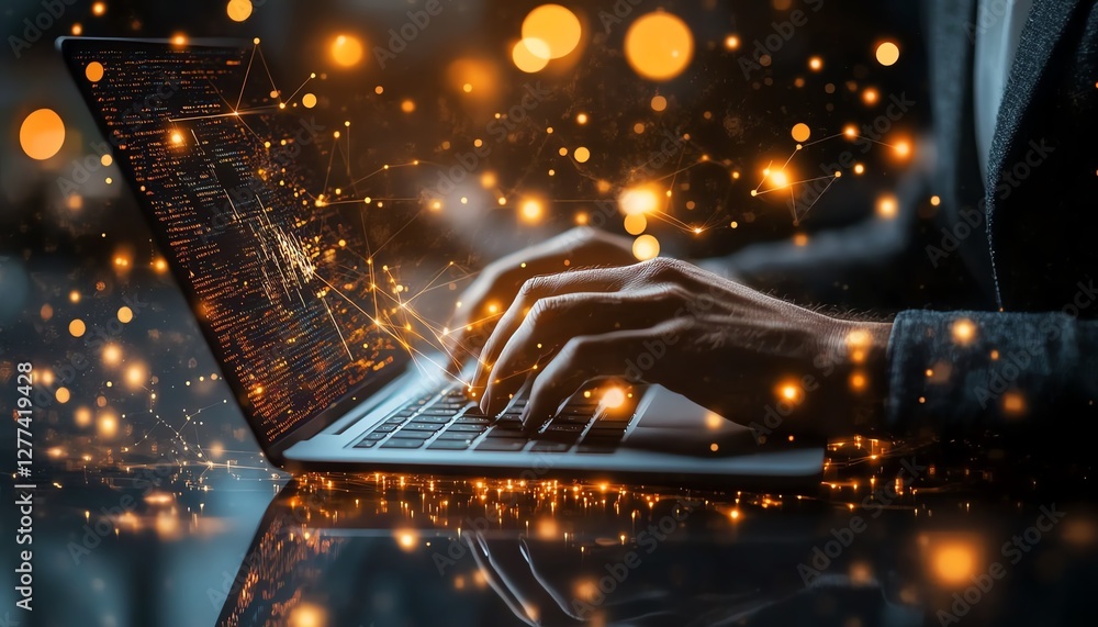 Aufkleber Global data network concept businessman using laptop analyzing big data online network structure for business