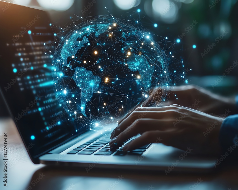 Poster Global network data concept businessman with laptop analyzing data online structure with digital connections