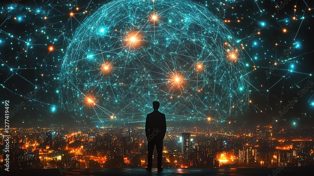 Leinwandbilder Global network data concept businessman analyzing big data laptop and online network structure digital connections