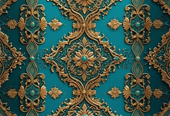 Fototapeta premium Intricate Baroque Pattern with Golden Accents on Teal Background Wallpaper