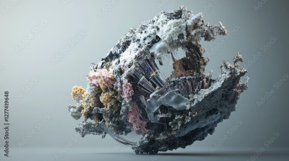 Poster abstract 3d render of a complex, organic, rock-like structure with internal details, set against a n