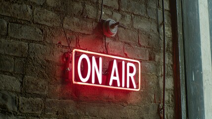 A glowing neon sign reading "ON AIR" hangs on a textured brick wall, indicating an active broadcast.