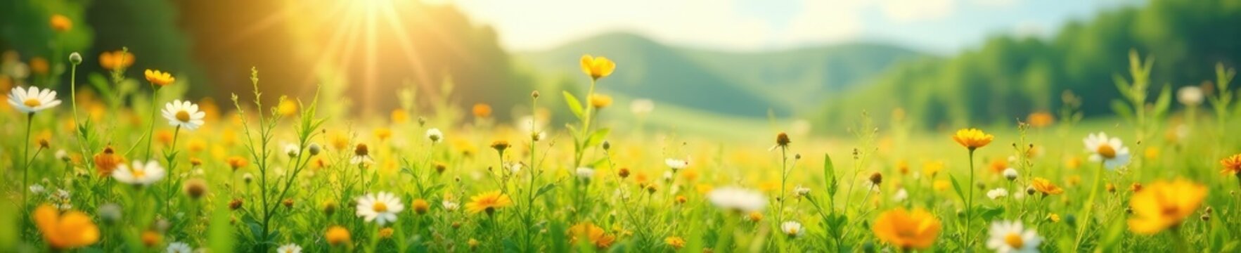 The meadow's wildflowers and grasses swaying gently in wind, sunlight, scenery, breeze