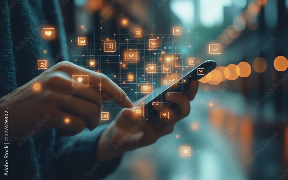 Poster male hands using smartphone screen sending message in online people network concept of social media 