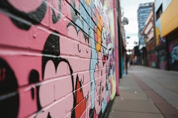 Obraz premium Graffiti-covered pink brick wall urban alleyway