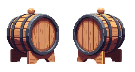 Pixel-perfect wooden barrels, ready for adventure!  Aged craftsmanship, rustic charm.