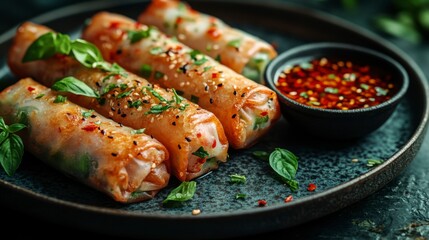 Crispy Spring Rolls with Golden Skin and Garnish on Dark Plate