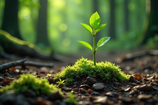 Tiny saplings grow in clusters on a forest floor amidst fallen branches, organic, plant life