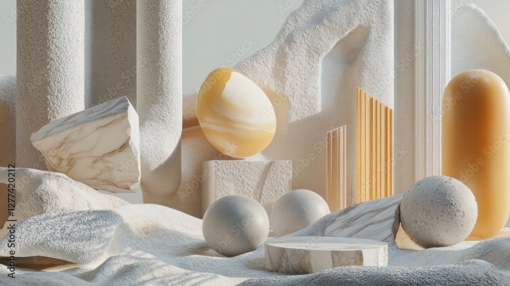 Poster abstract 3d render of minimalist geometric shapes, marble textures, and soft lighting, showcasing a 
