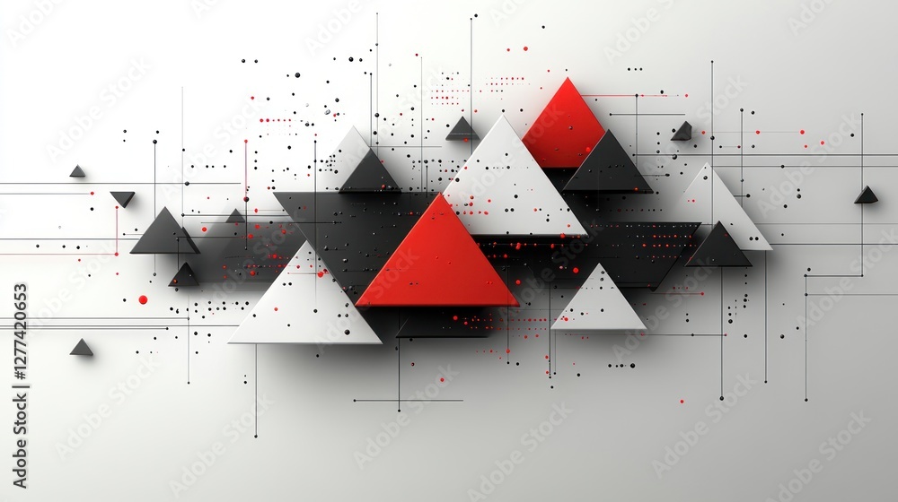 Poster abstract 3d rendering of red and black triangles on a white background with lines and dots.