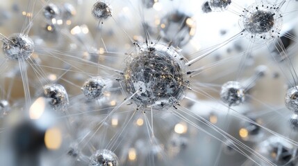 Abstract 3D rendering of interconnected silver spheres, resembling a complex network or molecular structure.