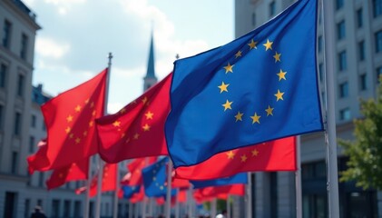 Numerous EU flags wave, European Parliament visible, symbol, eu