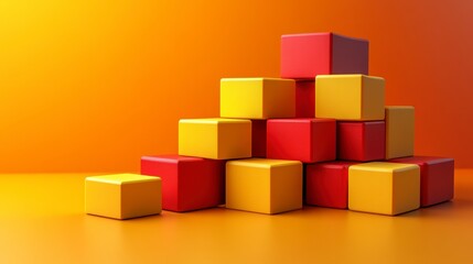 Obraz premium Colorful arrangement of red and yellow building blocks forming a pyramid on a gradient background
