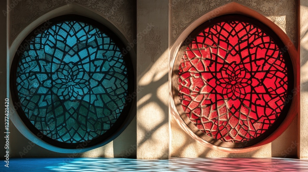 Poster intricate decorative windows with colorful patterns and light play