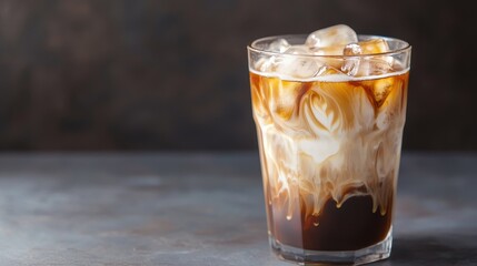 A refreshing iced coffee drink with cream and ice, showcasing a beautiful swirl of colors.