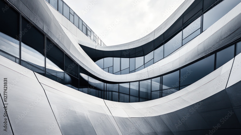 Poster abstract architectural curves of modern building with glass windows and concrete facade.