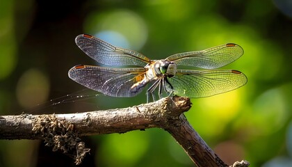 A detailed close-up of a colorful dragonfly resting on a branch, set against a backdrop of out-of-focus, vibrant green foliage.