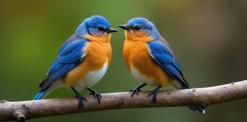 Obraz premium Two bluebirds perched side-by-side on weathered branch , nature, wings