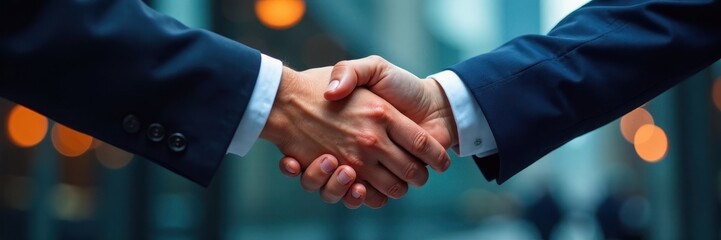 Two hands shaking, symbolizing a successful business merger , strategy, deal, agreement