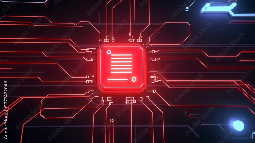 Poster futuristic glowing red microchip at center of complex circuit board with neon lines and blue hues, s
