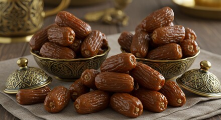 Delicious dates are served in decorative bowls on a table