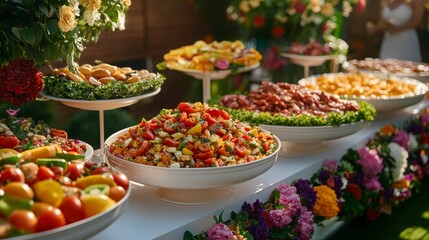 Colorful buffet of fresh salads and fruits displayed outdoors at a festive gathering, with flowers