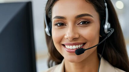 Smiling customer service representative wearing a headset in a professional office setting