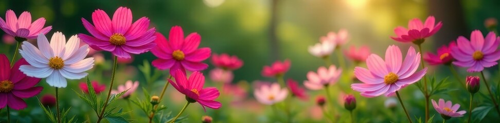 Obraz premium Cosmos flowers blooming in a lush garden setting , sunlight, leaves