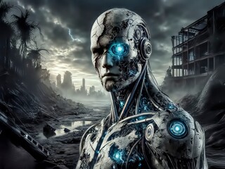 Post-apocalyptic cyborg with glowing blue circuits in a ruined city 