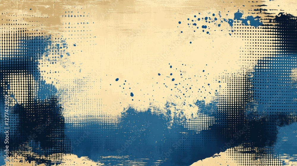 Aufkleber abstract art with blue and beige paint splatters and halftone patterns.