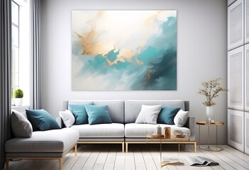 Modern living room interior with sofa and a marble teal painting poster. Modern living room teal gold and white abstract painting