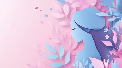  International Women's Day Paper Cutout Style Background, Elegant Woman Silhouette Surrounded by Pink and Blue Hues, Leaves and Flowers, Beautiful Inspiring Composition, 