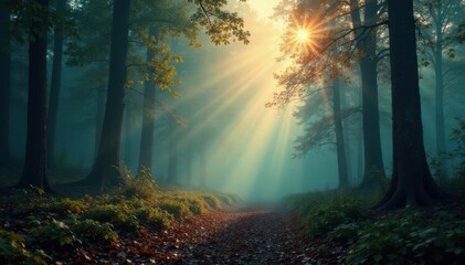 Obraz premium Retro styled misty forest scene, faded film effect, mountain, wallpaper