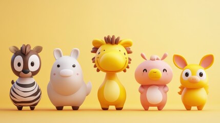 Naklejka premium Cute cartoon animal figures in a row on a pastel yellow background.