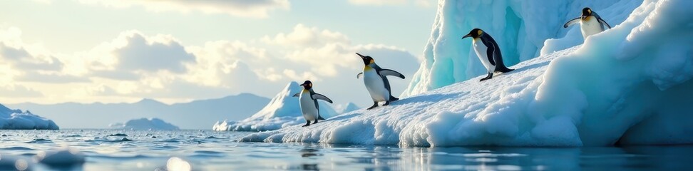 Fototapeta premium Several penguins take flight from melting iceberg , iceberg calving, nature