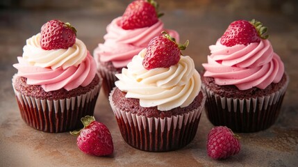Delicious Red Velvet Cupcakes Topped with Strawberry and Cream Cheese Frosting