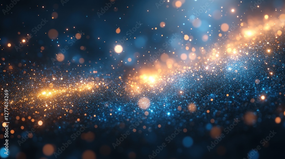Poster Abstract background with blue and gold glittering particles, bokeh effect, and dark backdrop.