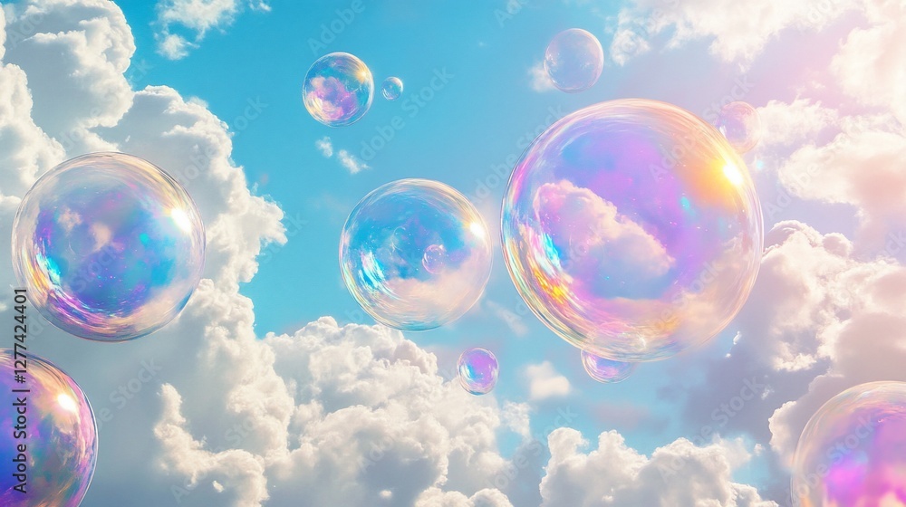 Poster dreamy soap bubbles floating in a sky filled with fluffy clouds