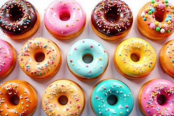Variety of colorful donuts, different flavors and toppings, against white backdrop , dessert, sprinkles