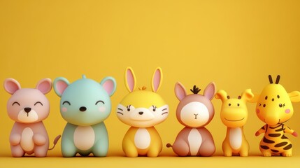 Naklejka premium Cute cartoon animal figures in pastel colors against a yellow background. 