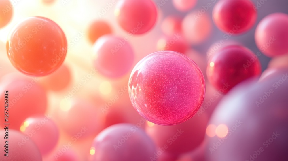 Poster abstract background with floating pink spheres in sunlight.