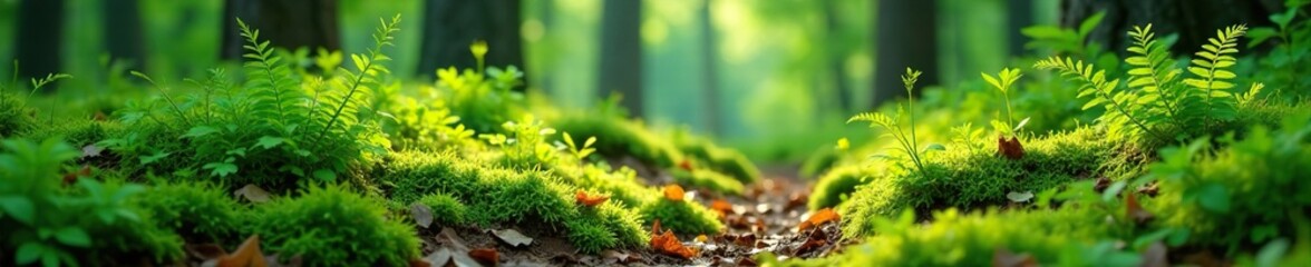 Spring forest floor carpeted with ferns and moss, moss, forest vegetation