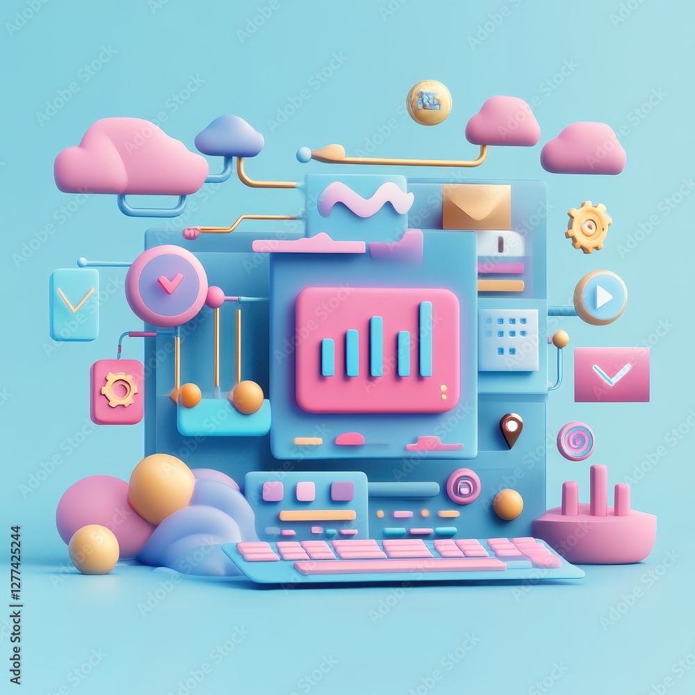 Poster a colorful 3d representation of a computer setup, featuring graphs, icons, and cloud elements, symbo